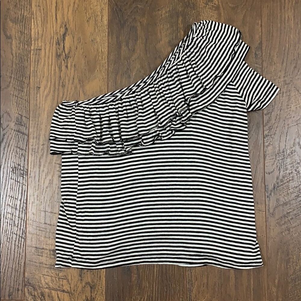 Splendid Striped Ruffle Black One Shoulder Top - Picture 6 of 6